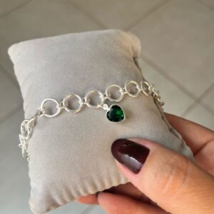 PULSEIRA SEMIJOIA PRATA COM CORAÇÃO VERDE ESMERALDA